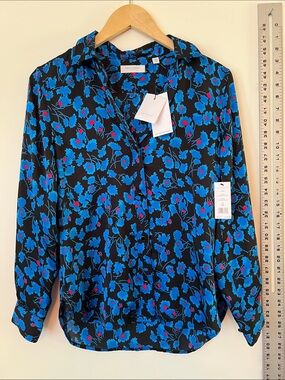 Equipment Black Button-Up Blouse with Bright Blue & Pink Floral Print